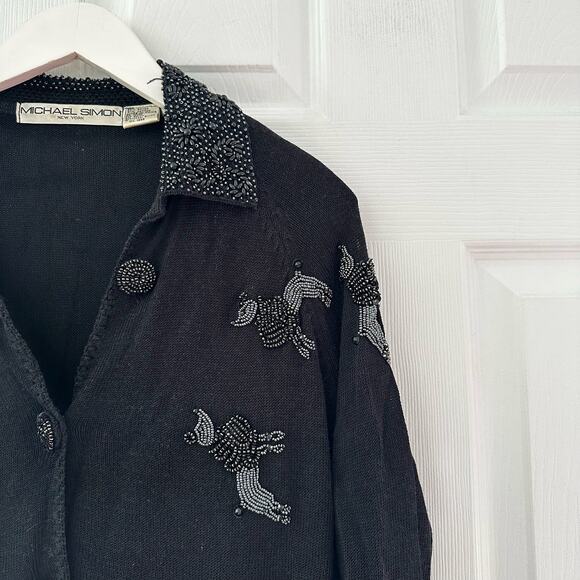Michael Simon Vintage Black Button Collared Sweater Cardigan Beaded Poodles 2 - Picture 5 of 12